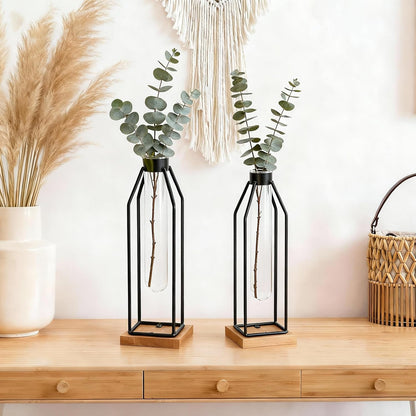 Set 2, 11&12.5 Inch Houmury Test Tube Vase of Flower Vases with Iron Stand & Wood Base, for Home Dcor, Table Decor
