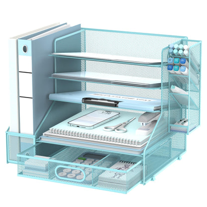 SUPEASY Desk Organizer with File Holder, 5-Tier Mesh Paper Letter Tray Organizer with Pen Holder and Drawer, Desktop Organizer and Storage with 3 Tilted File Sorter for Office Supplies, Blue
