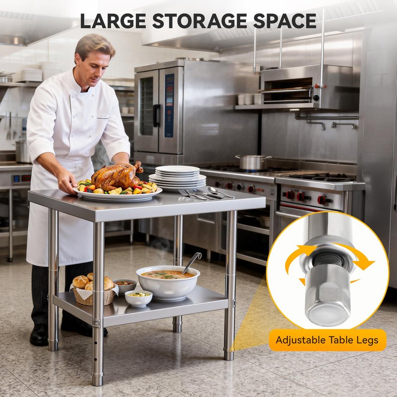 DWVO 30x24in Stainless Steel Table, NSF Metal Prep Worktable with Adjustable Shelf for Kitchen Restaurant Hotel Garage Warehouse Home