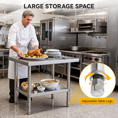 DWVO 30x24in Stainless Steel Table, NSF Metal Prep Worktable with Adjustable Shelf for Kitchen Restaurant Hotel Garage Warehouse Home