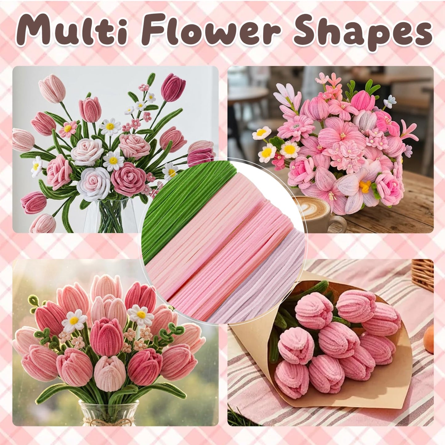 houlishu 400 Pcs Pipe Cleaners Craft Kit - 300 Pink 100 Green Chenille Stems with Floral Wires Stamens Ribbon Adhesive Tapes for DIY Flower Making
