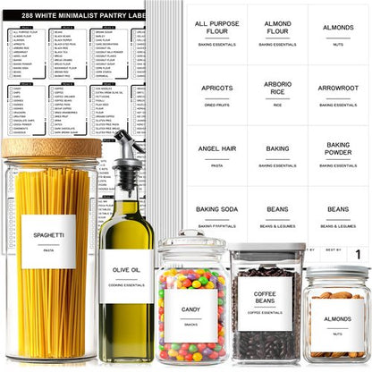 Kuocodall 288 Pantry Labels for Food Containers, Preprinted Minimalist Waterproof Stickers for Organizing Storage Bins, Jars and Kitchen