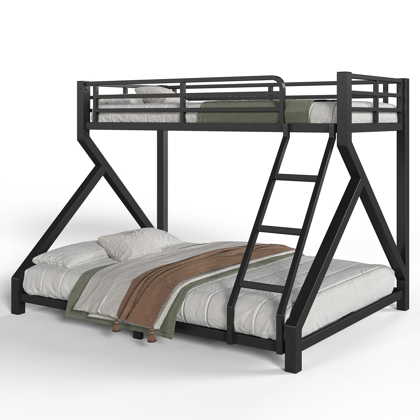 KEIKI Twin XL Over Queen Size Metal Bunk Bed Frame with Ladder & Guardrails, for Teens, Low Profile Design Modern Bunk Bed with Solid Slats, No Box Spring Required, Easy Assembly, for Bedroom, Black
