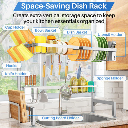 Over The Sink Dish Drying Rack, Full Stainless Steel 2-Tier Kitchen Counter Dish Drainer Rack Adjustable (33.8 to 41.5 inch), Expandable Dish Drying Rack with Kitchen Accessories, Silver