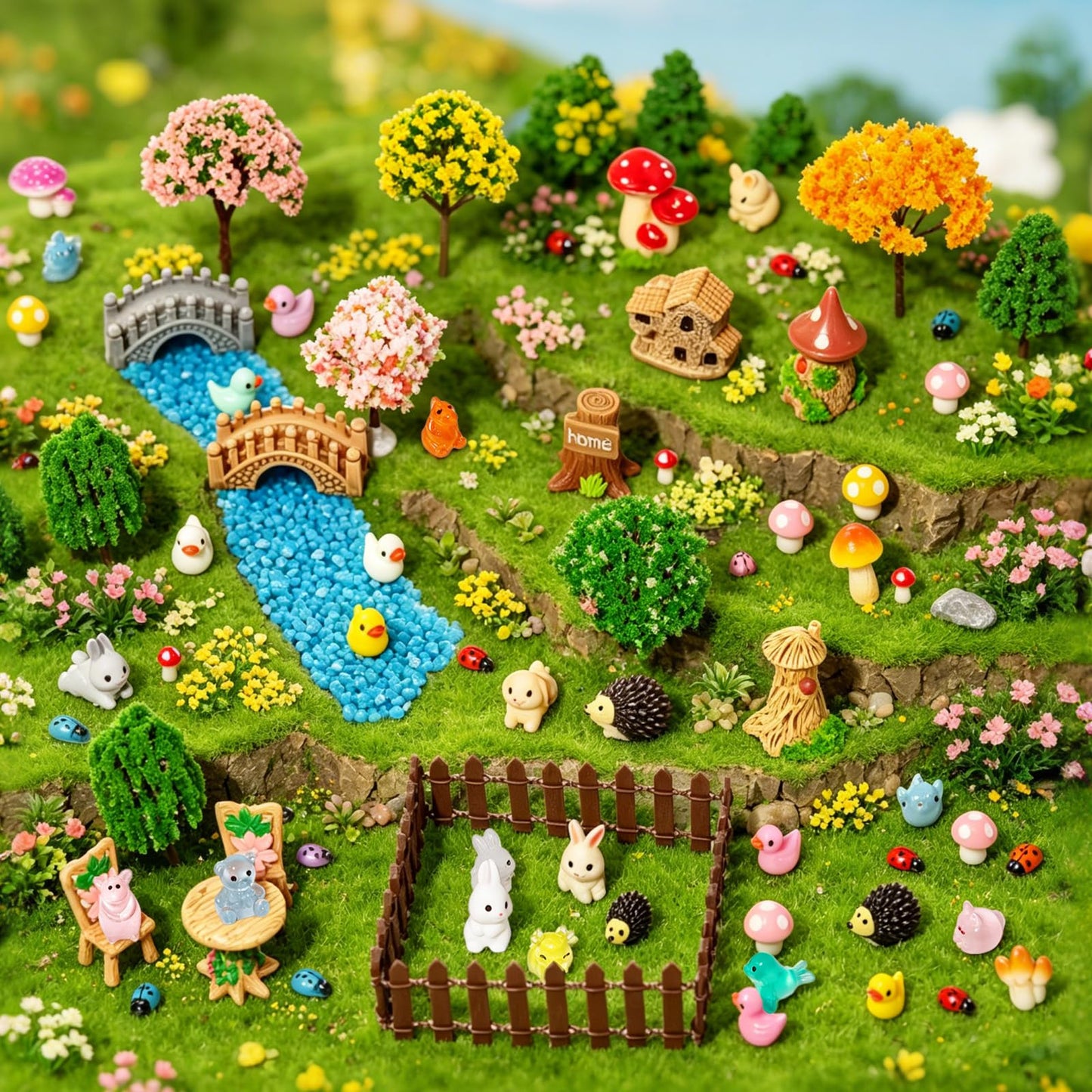 65 Pcs Mini Fairy Garden Accessories, Resin Ornaments Kit with Bridge, Mushroom, Fence, Animals for DIY Bonsai, Potted Plants & Tabletop Landscape Decor