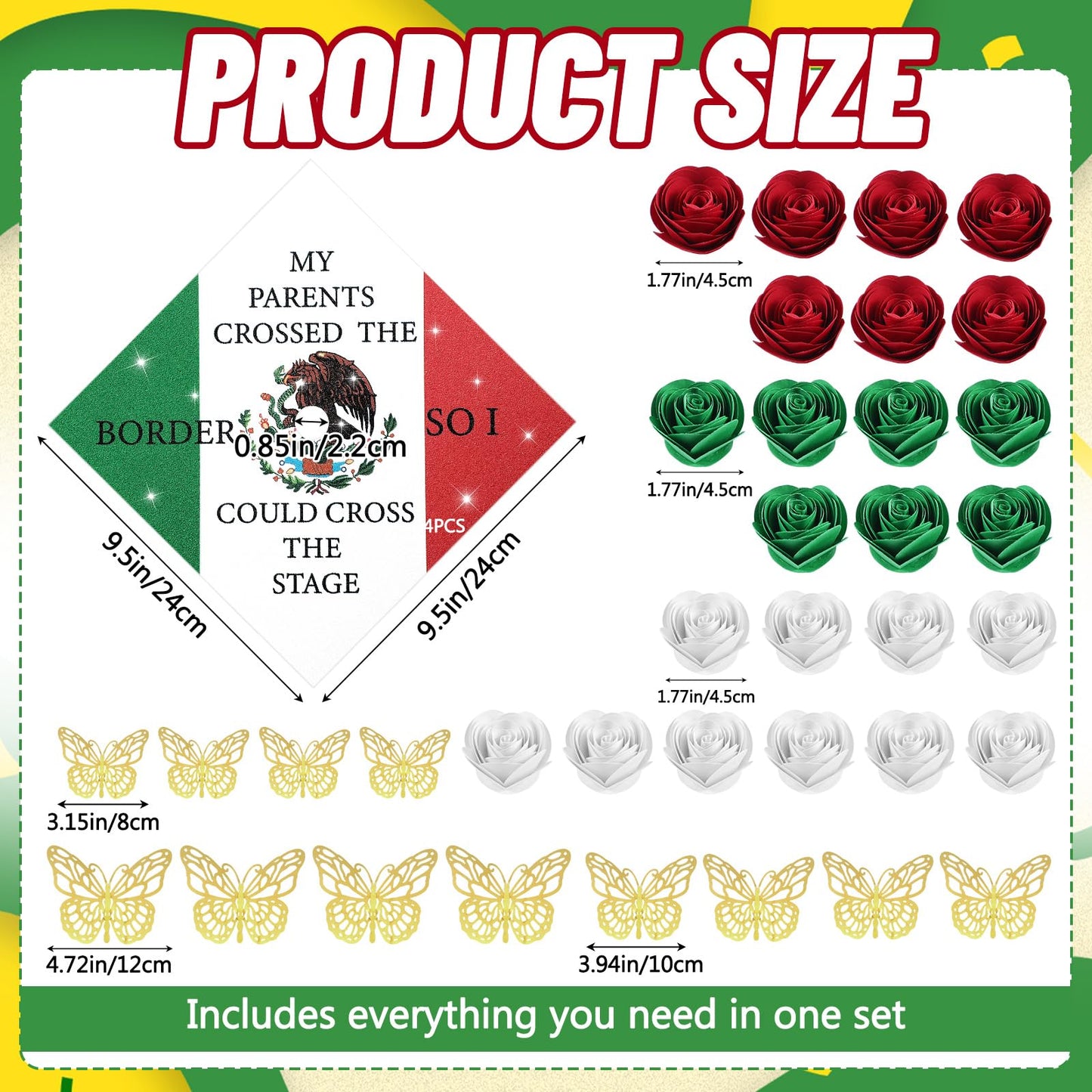 Dunzoom 37 Pcs Mexican Flag Graduation Cap Decorations Kit, Glitter Mexican Flag Grad Cap Topper with Paper Flowers 3D Butterflies for Grad Hat Topper Cover Craft Gift Decor(Style A)