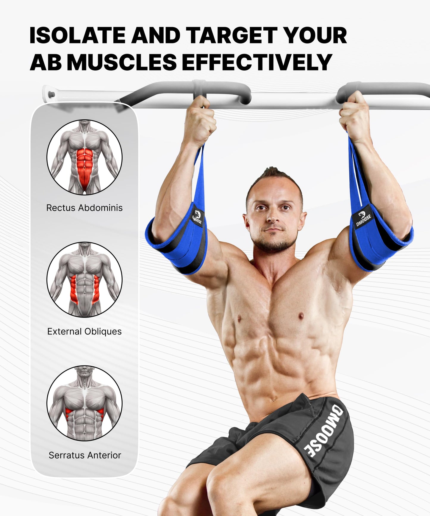 DMoose Fitness Hanging Ab Straps for Pull Up Bar & Core Strength Training - Soft Padded Exercise Straps for Ab Swing & Leg Raises, Hang Bar Strap with 2 Steel Carabiners - Abs Equipment for Home & Gym