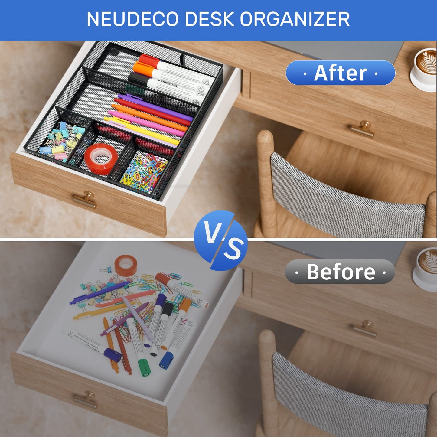 Neudeco Desk Drawer Organizer, 4 Pack Metal Mesh Drawer Organizer Set with Adjustable Dividers, Stackable Pen Organizer for Desk Drawer, Office Supplies Organizer, Black