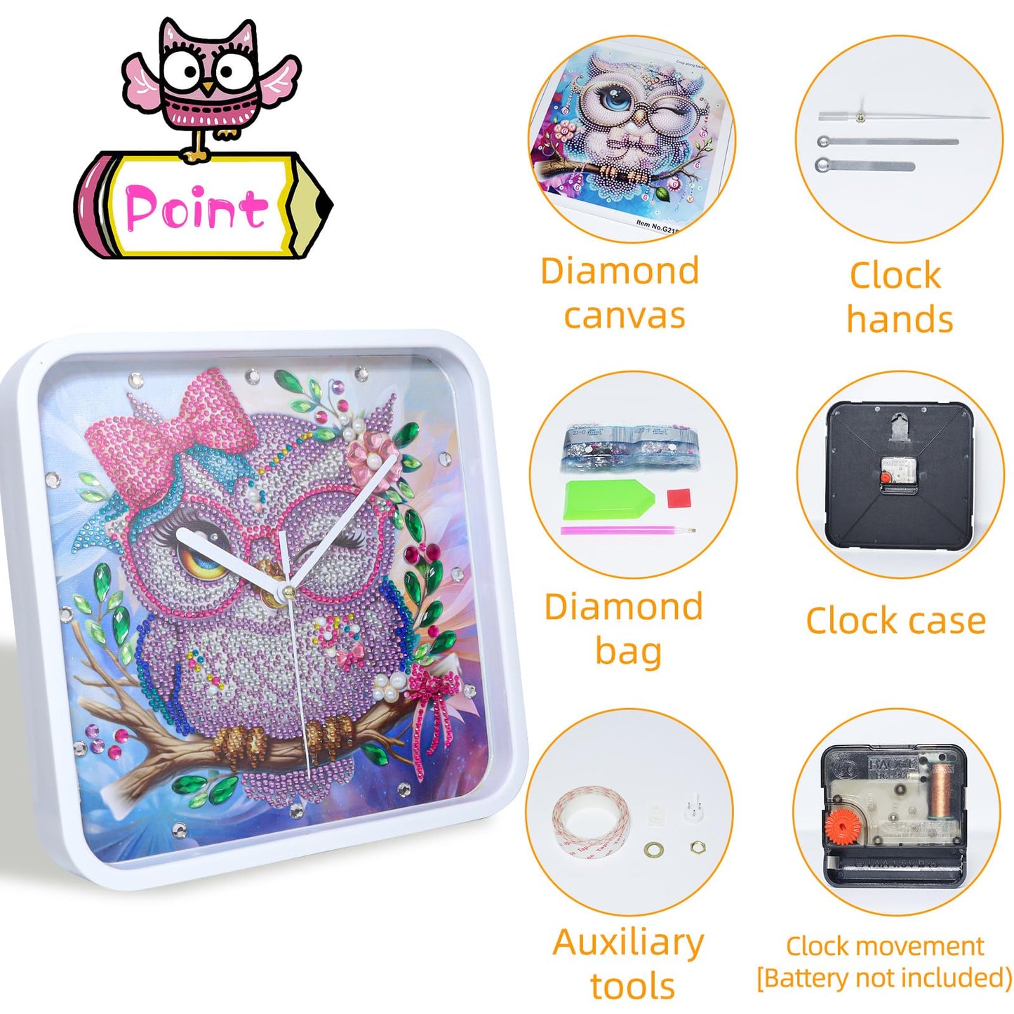 LEIYULY Diamond Art Kits for Adults, Hanging Cute Owl Diamond Painting Clock, Round Gem Crystal Art Painting for Beginners, Creative Home Decor Gift