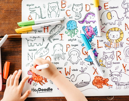 HeyDoodle Into The Wild Classic Doodle Mat – Reusable Silicone Alphabet Coloring Mat for Toddlers and Kids – Educational Animal Activity Pad with 9 Markers – Mess-Free Travel Toy – Ages 3-7