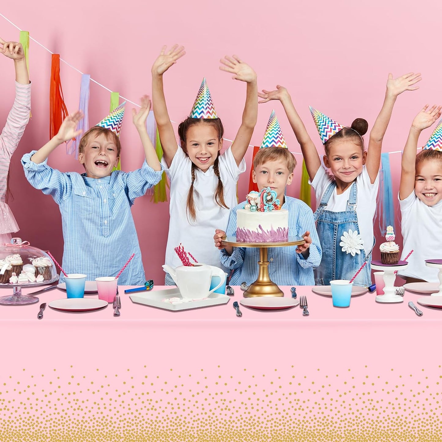 1 Pack 54x108" Pink and Gold Plastic Tablecloth for Parties, Pink Disposable Table Cloth for Rectangle Tables, Gold