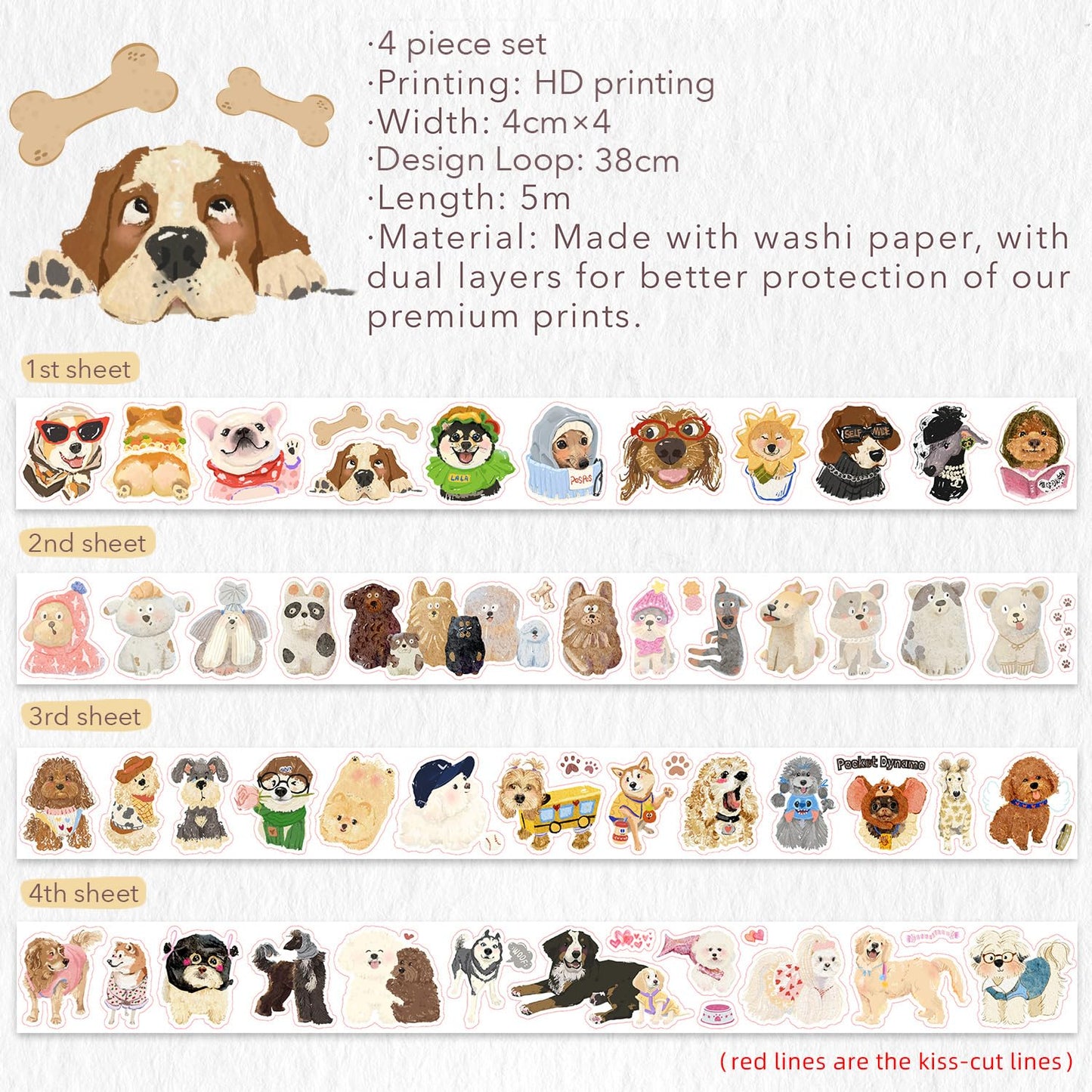 WT Tail Waggers Washi Tape Sticker Set, 4 Rolls, Original Designs, Cute Pet-Themed Decorative Tape for Scrapbooking, Journaling, Planners & DIY Crafts