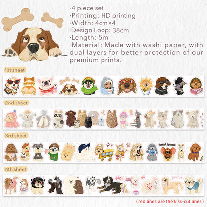 WT Tail Waggers Washi Tape Sticker Set, 4 Rolls, Original Designs, Cute Pet-Themed Decorative Tape for Scrapbooking, Journaling, Planners & DIY Crafts