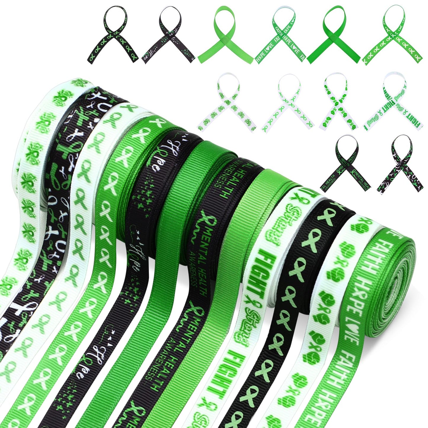 Hahafelt 12 Rolls 60 Yards Mental Health Awareness Ribbon Green Bow Making Ribbon DIY Craft Decorative Ribbons for Gift Wrapping Activities Home Decor 3/8 Inches