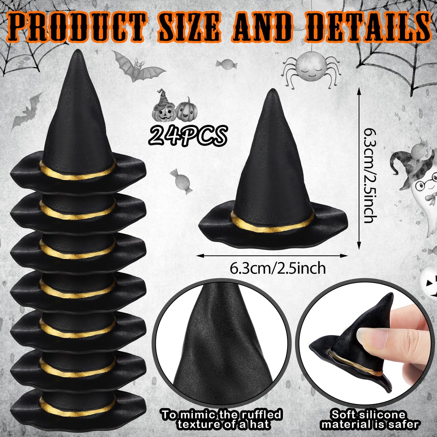 Seenelling 24 Pcs Mini Witch Hats for Crafts Small Halloween Plastic Tiny Witch Hats Bulk for Halloween DIY Wizard Party (Black,3 Inch)
