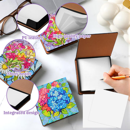 Saillong 4 Pcs Flower Theme Diamond Art Note Box Kit Sunflower Daisy Diamond Painting Memo Box Hydrangea Paper Holders with 160 Sticky Notes for DIY Office Supplies Gifts