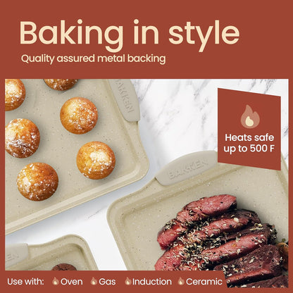 8-Piece Set BAKKENMASTER Deluxe Carbon Steel Bakeware - Nonstick White Marble Coating, Silicone Handles - Professional