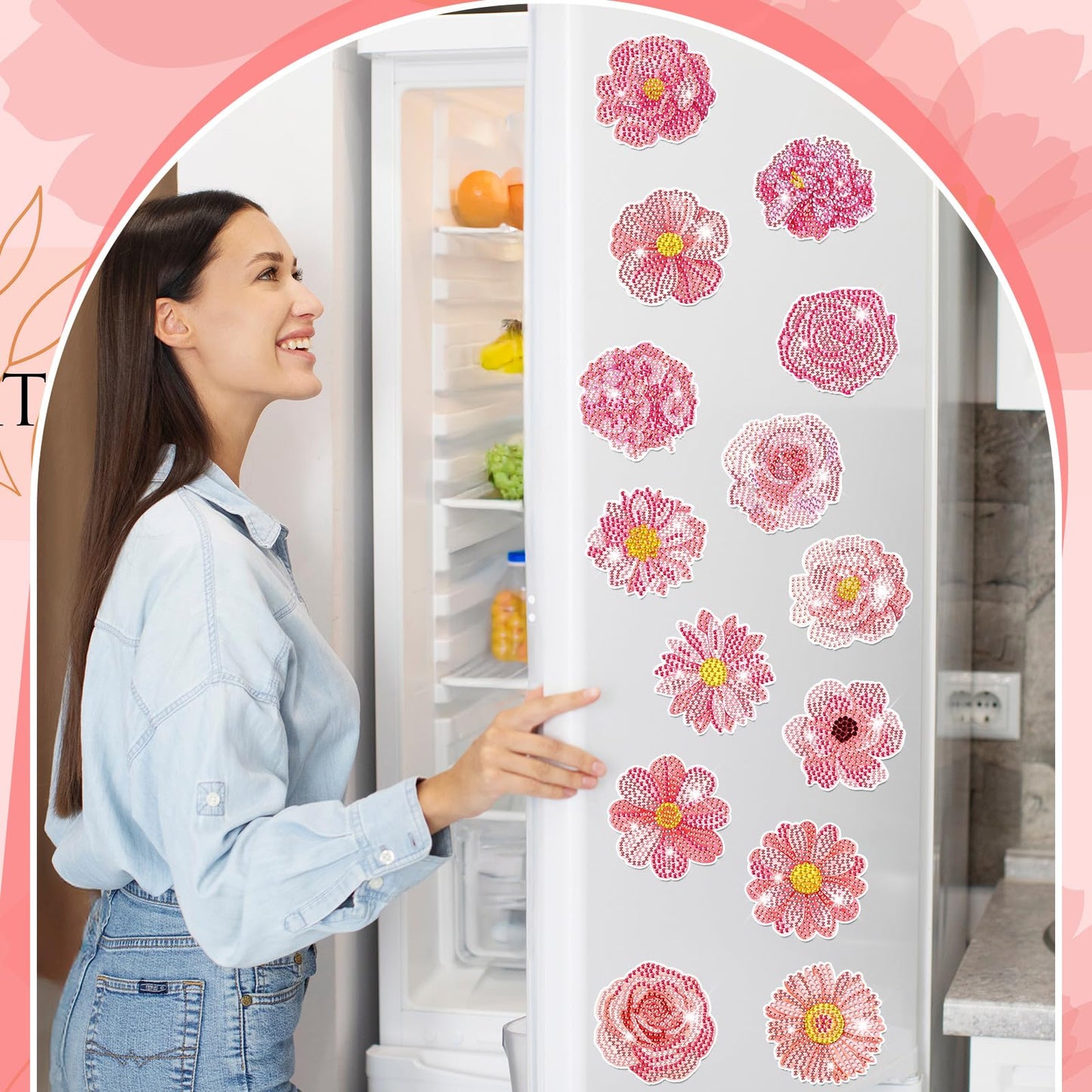 Copkim 30 Pcs Diamond Art Magnets Refrigerator Easy Art Kits Fridge Diamond Painting Magnets Stickers for Adults DIY Home Decors Flower Butterfly(Pink Flower)