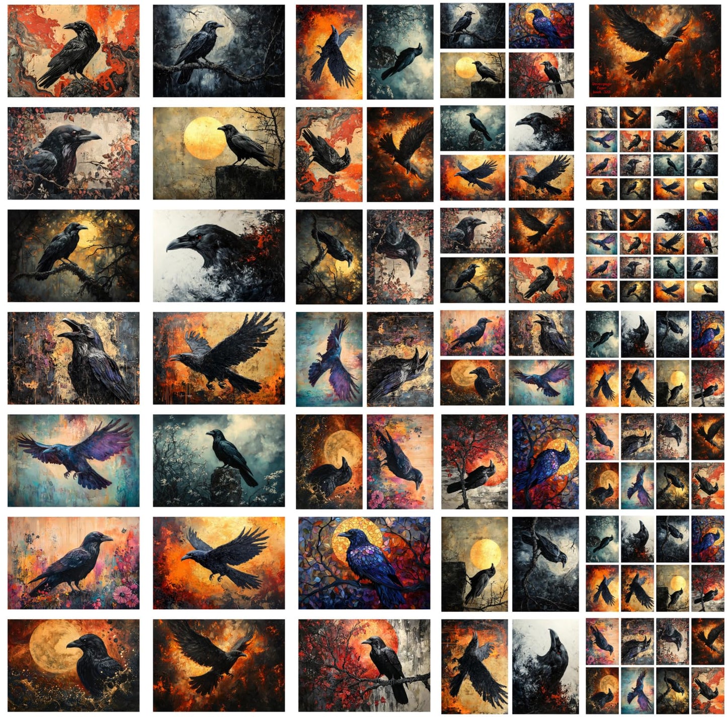 Decoupage Paper Pack (35 Sheets 6"x8") Raven Shadows: Majestic Black Ravens in Dramatic Moonlit and Fiery Sunset Scenes with Gothic, Mythical and Hauntingly Beautiful Elements FLONZ Vintage