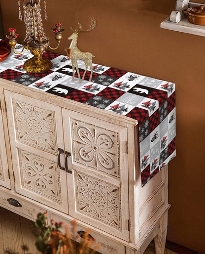 Christmas Table Runner 72 Inch, Buffalo Plaid Checkered Snowflake Elk Xmas Tree Bear for Holiday Kitchen