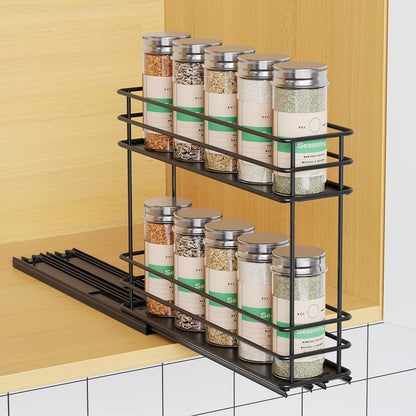 Pull Out Spice Rack Organizer for Cabinet, Slide Out Spice Racks, Easy to Install, 2.1''Wx10.35''Dx8.26''H, 3 Drawers 2 Tiers(Black)