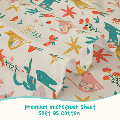 Bedmoon Girls Twin Sheets, Kids Green Cat Kitty Cute Animal Soft Microfiber Twin Sheets & Pillowcases with Corner Straps