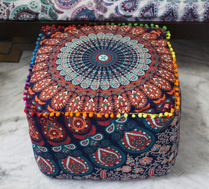 20X20X14 inches, CRAFT KALA Indian Square Patchwork Traditional Pouf Cover Indian Living Room Poufs Cover Decorative