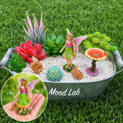Mood Lab Fairy Garden Figurines with Flower - Miniature Decor Set (4 pcs) - Statues & Accessories - Outdoor Indoor Garden Decor