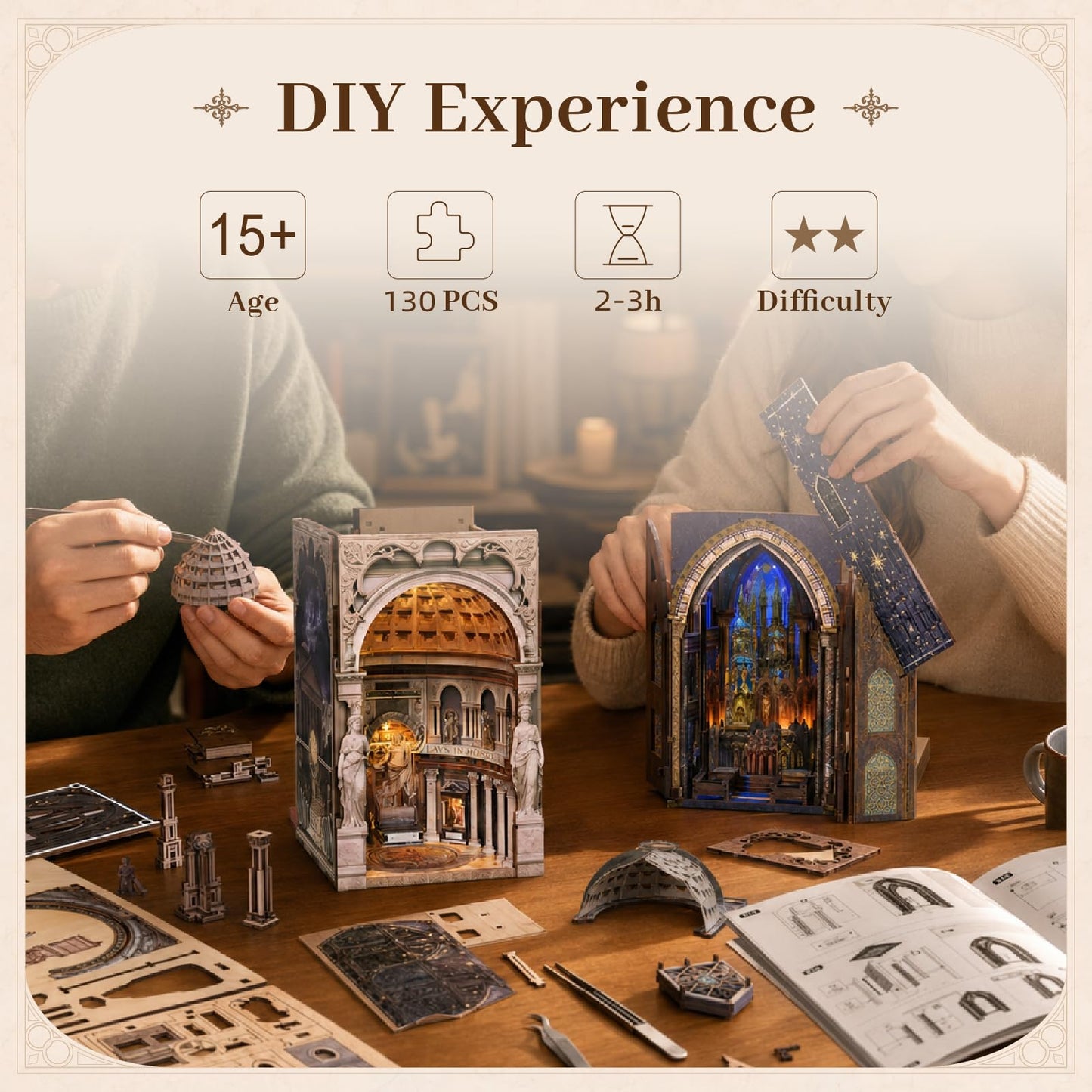 MiniCity 2 Pack Book Nook Kit - DIY Miniature House Kit for Adults, Teens, and Kids, 3D Wooden Puzzles with LED Light, Dollhouse Craft Kit for Family and Friends, Great Gift Idea