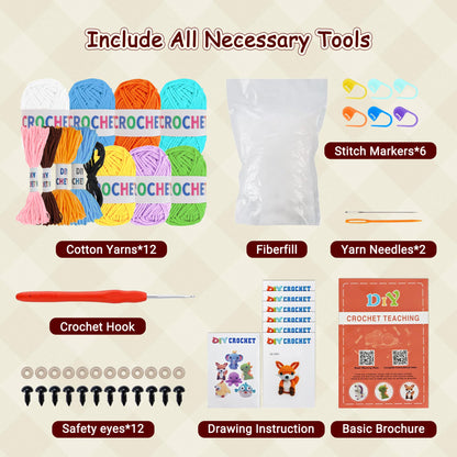 Allaugh Crochet Kit for Beginners Kids: 6pcs Cute Animal Crochet Set Knitting Gift for 8-12 Year Old - Easy to Learn with Step-by-Step Video Tutorials Hook Yarn for Crocheting - DIY Birthday Presents