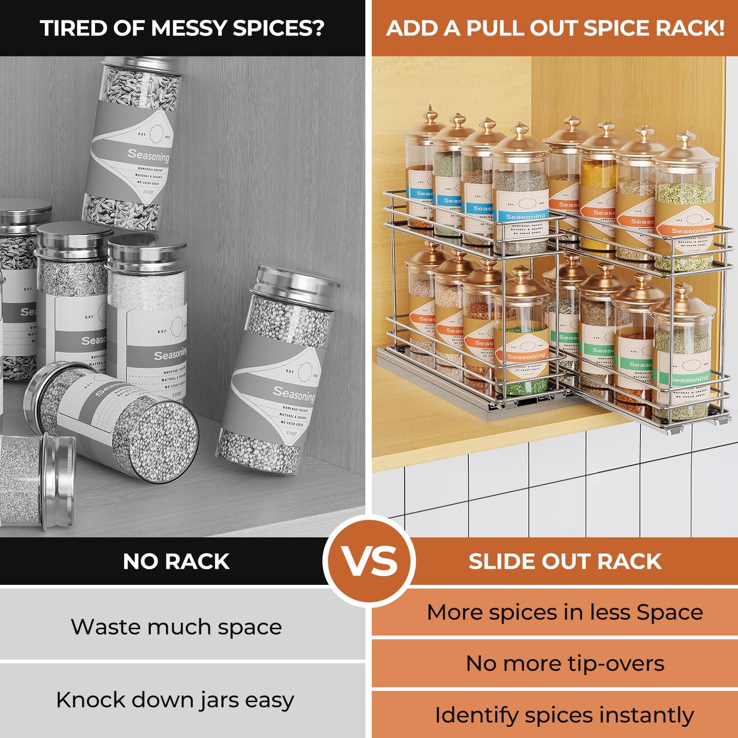 Pull Out Spice Rack Organizer for Cabinet, Slide Out Spice Racks, Easy to Install, 2.1''Wx10.35''Dx8.26''H, 3 Drawers 2 Tiers(Black)