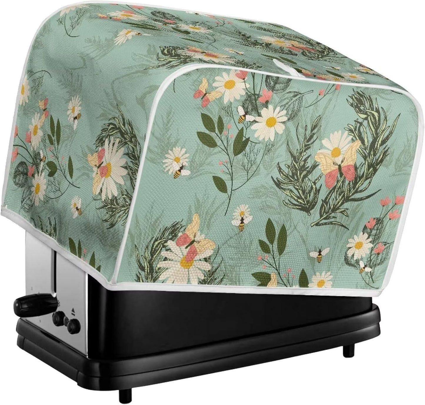 Toaster Dust Cover 4 Slice, Stain Resistant Kitchen Appliance Cover with Top Handle, Daisy Bee Leaf Blue