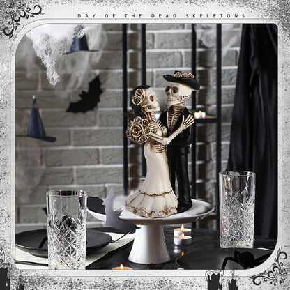LemonRoad Day-of-the-Dead Couple Skeleton Decor Bride and Groom Skeleton Dia De Los Muertos Figurines Day of the Dead Decorations Halloween Gothic Wedding Cake Topper Decor(Standing)