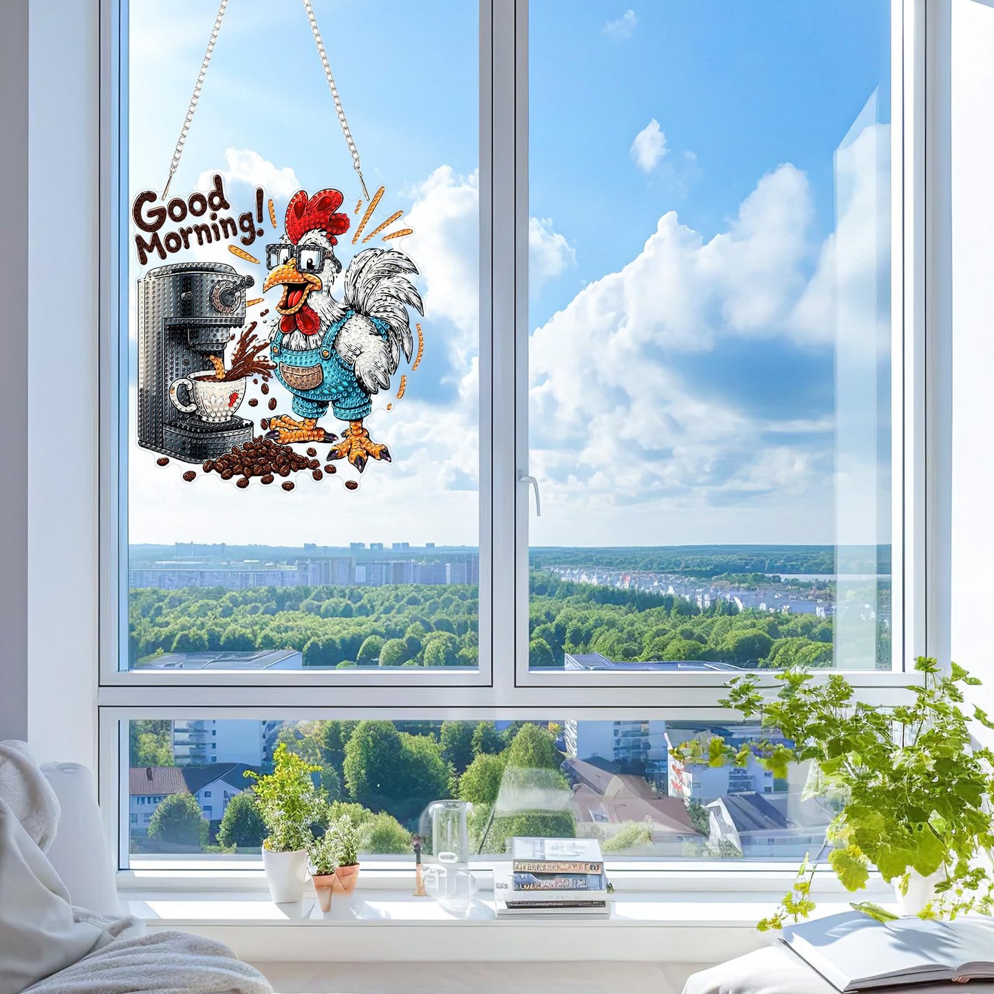 KEYIFA Coffee Diamond Art Hanging Kits with Chain, Special Shaped Drill Diamond Painting Pendant, Rooster Crystal Gem Art Pendant 5D Window Crafts for Wall Garden Door Decor (Width 7.9 in)