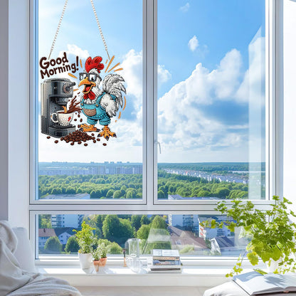 KEYIFA Coffee Diamond Art Hanging Kits with Chain, Special Shaped Drill Diamond Painting Pendant, Rooster Crystal Gem Art Pendant 5D Window Crafts for Wall Garden Door Decor (Width 7.9 in)