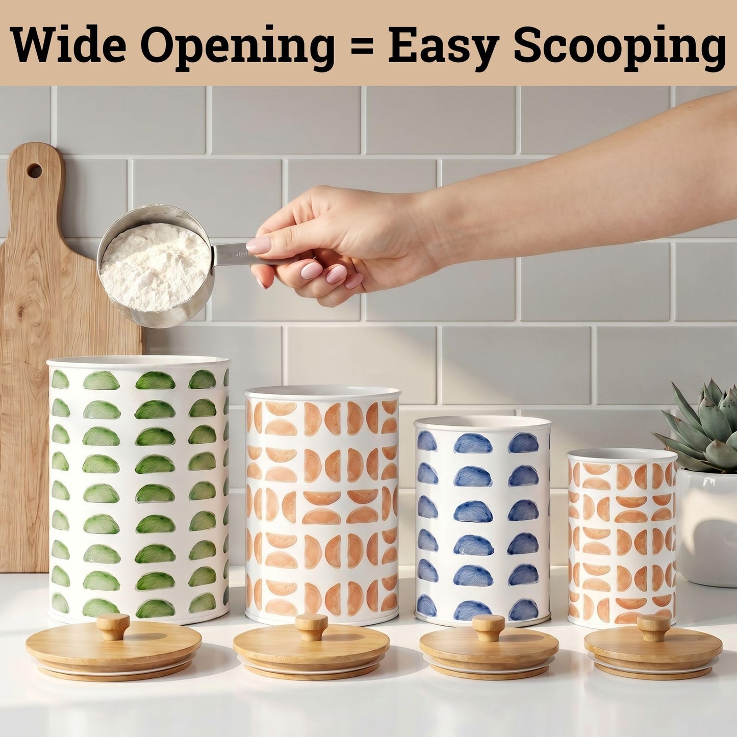 Kitchen Canisters for Countertop Set of 4 - Patterned Iron Kitchen Canisters with Airtight Lids - Flour Sugar Canister Set - Flour and Sugar Containers Farmhouse - Coffee Jar for Counter - White Jar