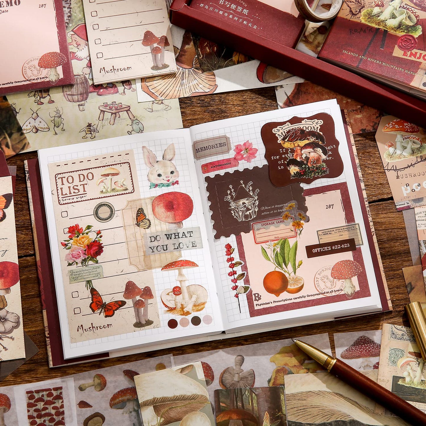 emmoolife Scrapbooking Supplies Kit, Vintage Mushroom Aesthetic Scrapbook Kit for Bullet Junk Journal, Stationery, A6 Grid Notebook, DIY Journaling Supplies, Birthday Craft Gift for Teen Girl Women