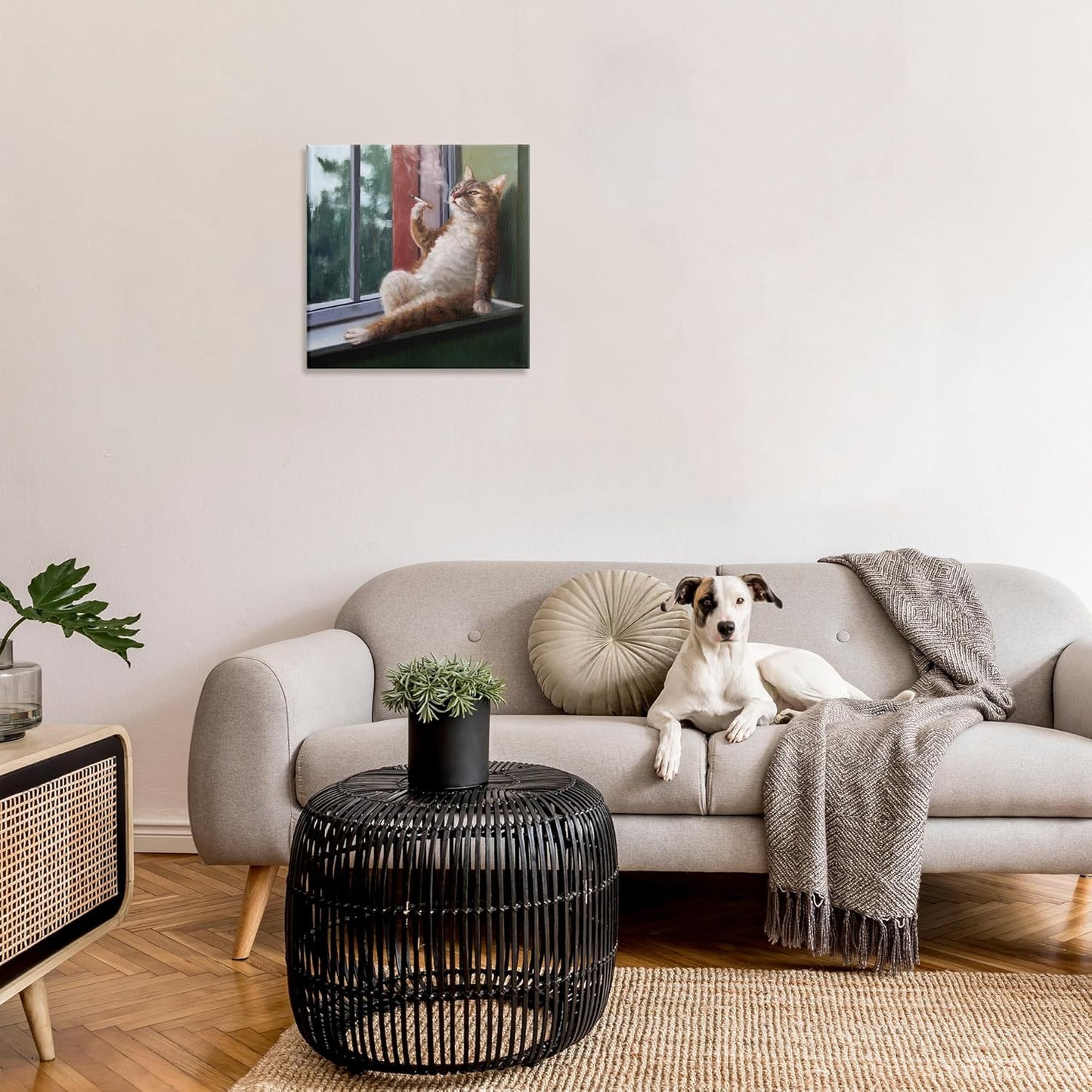 Stupell Industries Canvas Wall Art, House Cat Smoking Lounging in Window Pane, Designed by Lucia Heffernan, 24x24, Brown