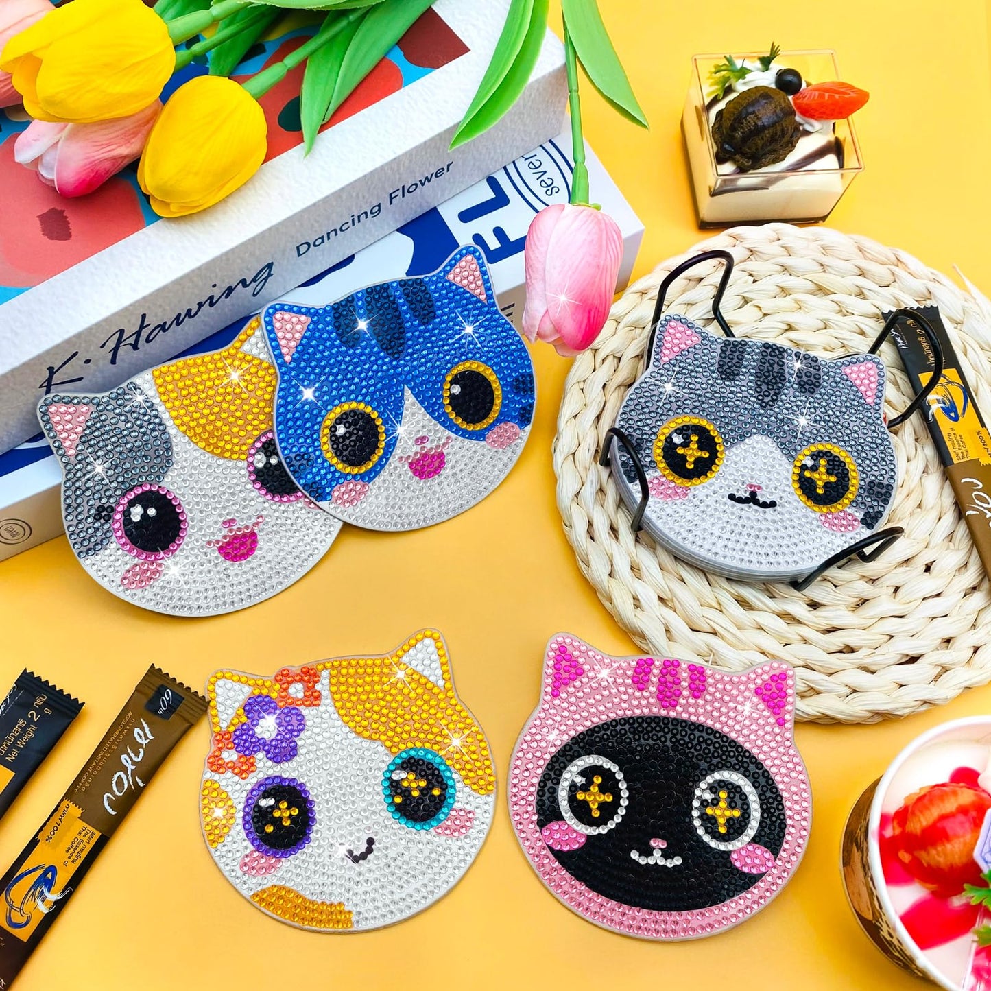 ZTOTZ Cat Diamond Art Painting Coaster Kit, 8Pcs DIY Cute Cat Face Diamond Crafts Kit with Holder, Non Slip Coaster Art Supplies for Adults, The Perfect Christmas and Holiday Gifts