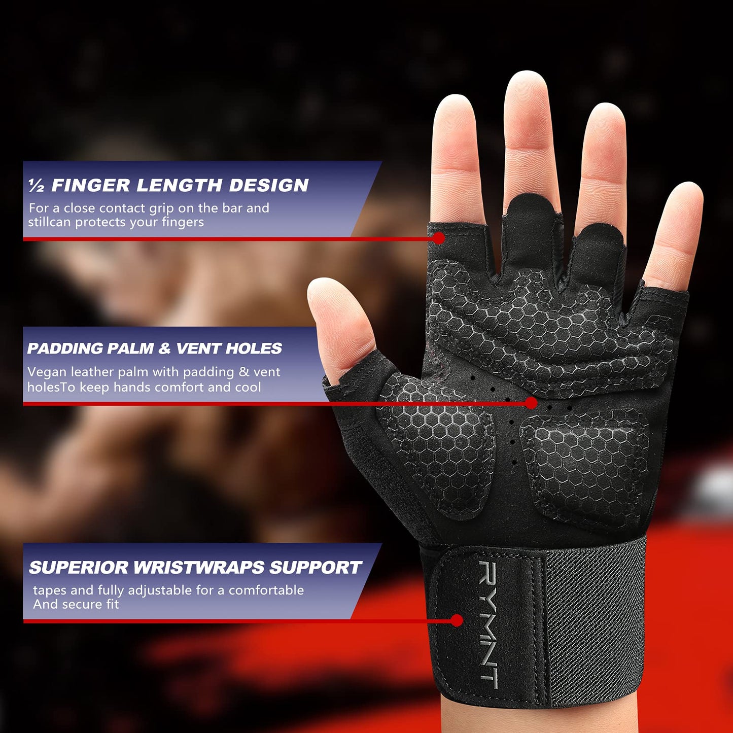 Workout Gloves with Wrist Wrap Support, Weight Lifting Gloves with Full Palm Protection & Extra Grip for Men Women Gym Exercise, Fitness, Weightlifting, Pull ups