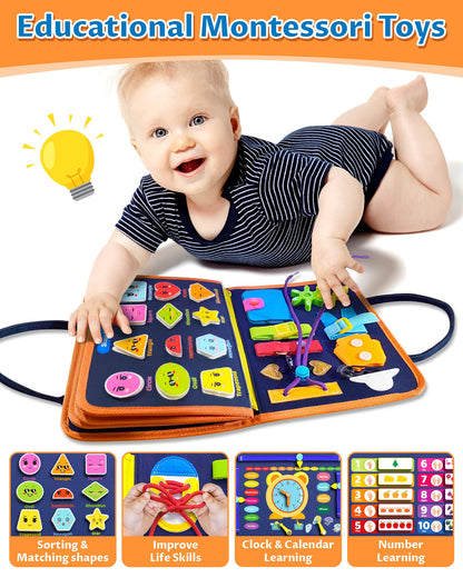 Exorany Busy Board Montessori Toys for Toddler Boy & Girl Birthday Gifts, Busy Book Learning Sensory Toys for Toddlers, Toddler Travel Toy Educational Activities Learn Fine Motor Skills