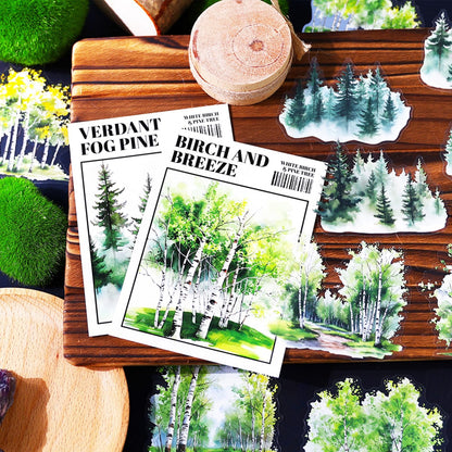 120 Pieces Botanical Tree-Themed PET Sticker, Pine Tree Forest Scenery Aesthetic Stickers for Scrapbooking, Journaling, Creative Journal Supplies and DIY Crafts