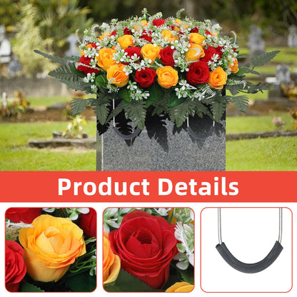 Lodou Artificial Cemetery Flower Saddles for Graves – 10 Pcs Silk Fern & 40 Realistic Rose Blossoms with Metal Headstone Holder –Resistant Memorial Flowers for Tombstone Decor (Red Yellow)
