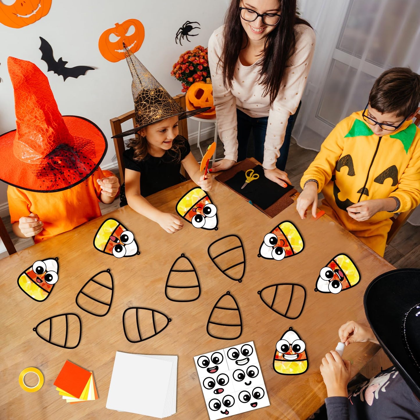 36Pcs Halloween Suncatchers Craft for Kids DIY Candy Corn Tissue Paper Craft set DIY Stained Glass Effect Paper Sun Catcher for Window Classroom Activities Halloween Party Decorations Favors