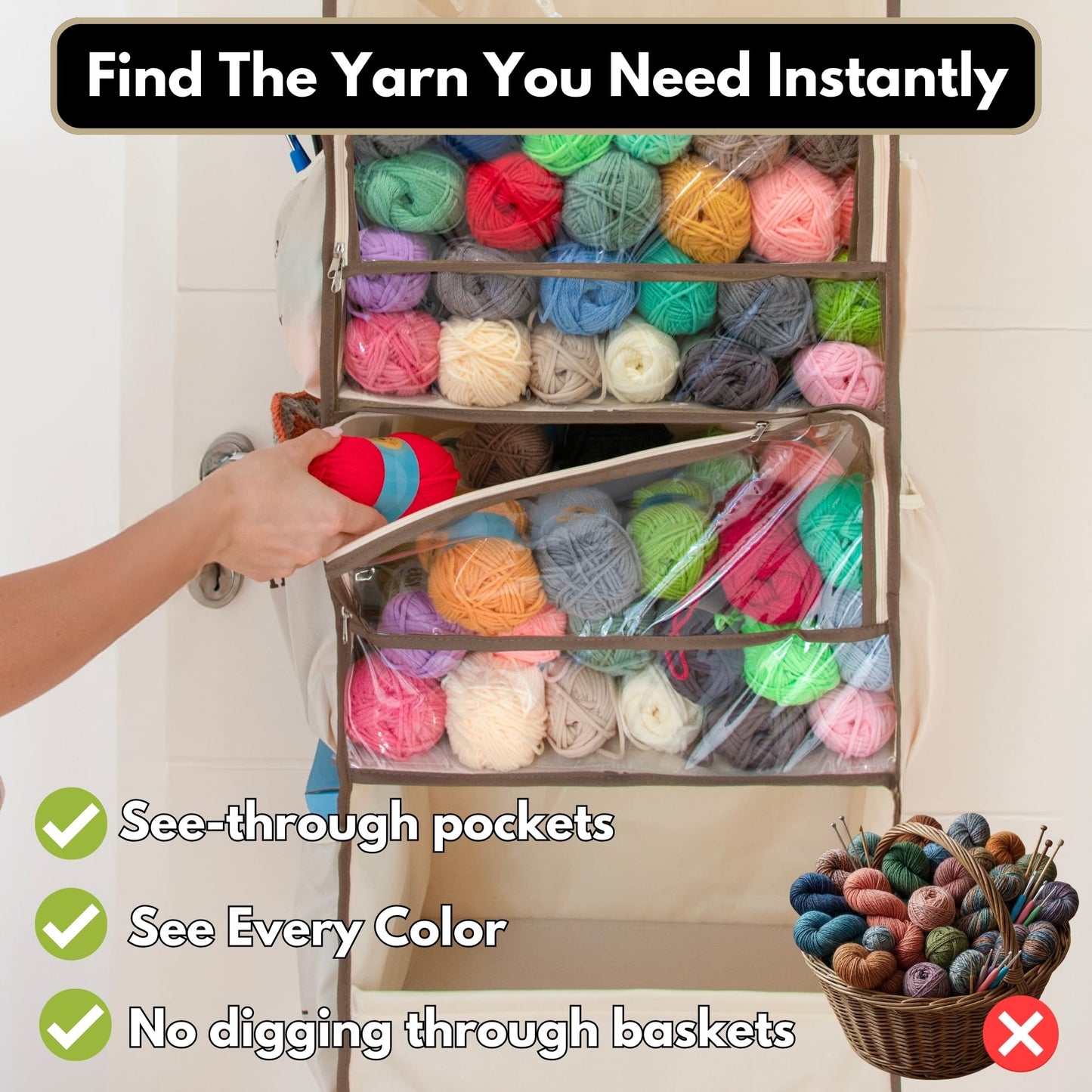 Everything Crochet Yarn Heaven Storage Organizer – Over The Door & Closet Hanging Yarn Bag for Crochet & Knitting, Skein Holder Holds 200+ Skeins with Clear Pockets for Yarn Stash, Hooks & Needles