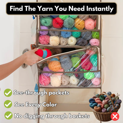 Everything Crochet Yarn Heaven Storage Organizer – Over The Door & Closet Hanging Yarn Bag for Crochet & Knitting, Skein Holder Holds 200+ Skeins with Clear Pockets for Yarn Stash, Hooks & Needles