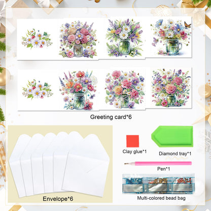 Tontut 6pcs Diamond Art Painting Greeting Card, Pretty Vase Beautiful Flowers 5D DIY Special Shape Diamond Painting Christmas Birthday Greeting Card Creative Gifts