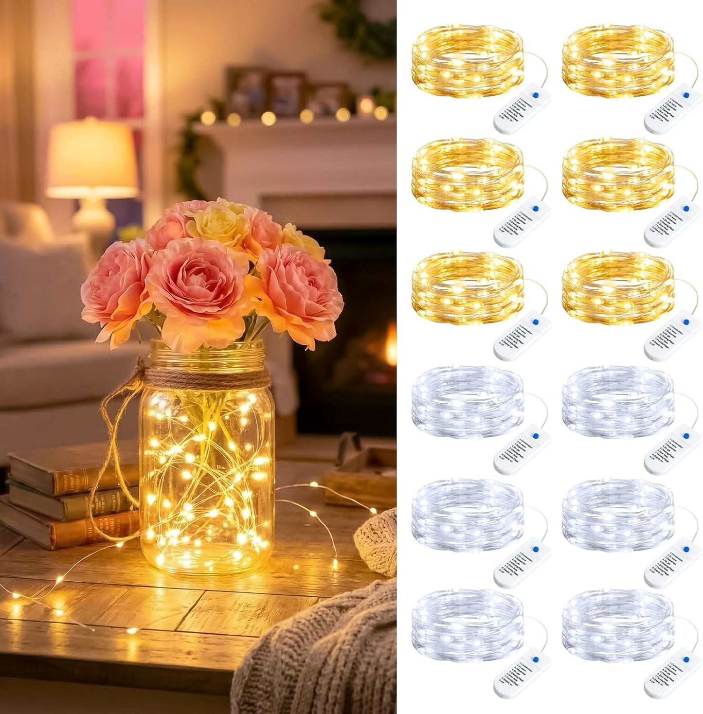 12 Pack 8 7ft 20LED Minetom Fairy Lights Battery Operated String Lights Modes, Waterproof Silver Wire Twinkle Lights