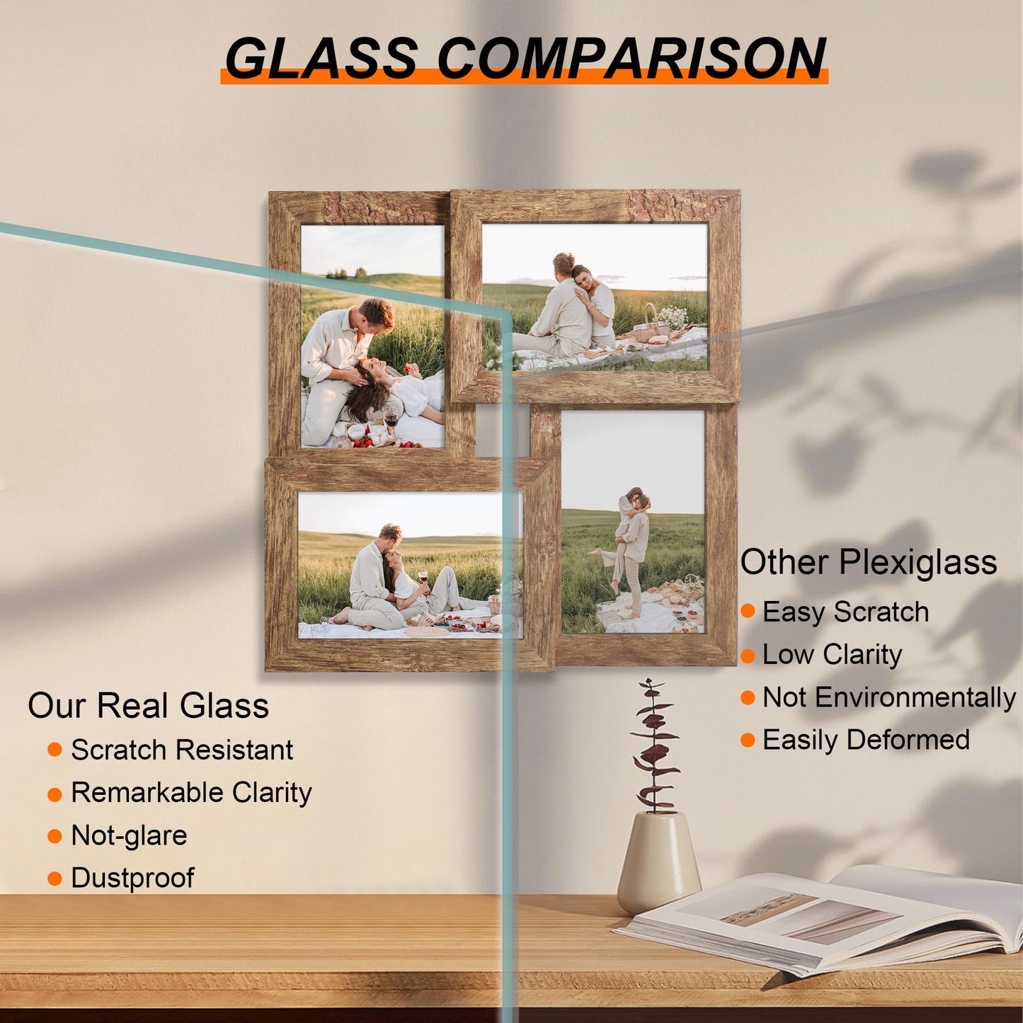YESKAY 4x6 Collage Picture Frames Set of 1, Multi Family Photo Frame with Real Glass, Displays Four 4x6 Photo, Wall Decor Wall Hanging or Tabletop, Distressed Brown