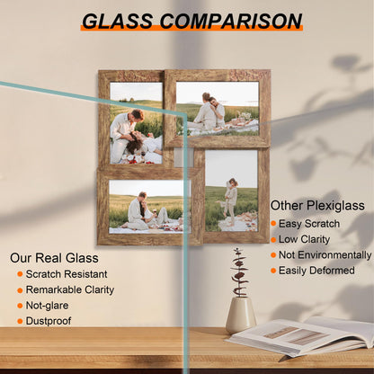 YESKAY 4x6 Collage Picture Frames Set of 1, Multi Family Photo Frame with Real Glass, Displays Four 4x6 Photo, Wall Decor Wall Hanging or Tabletop, Distressed Brown